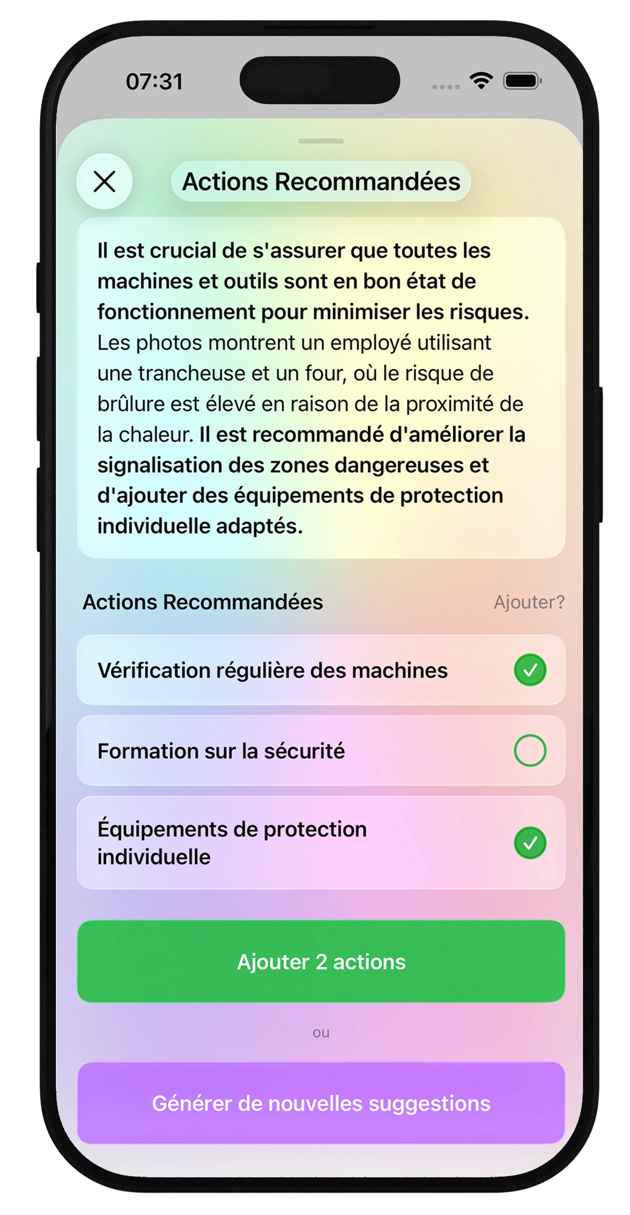 OSHAid mobile app — AI-recommended actions
