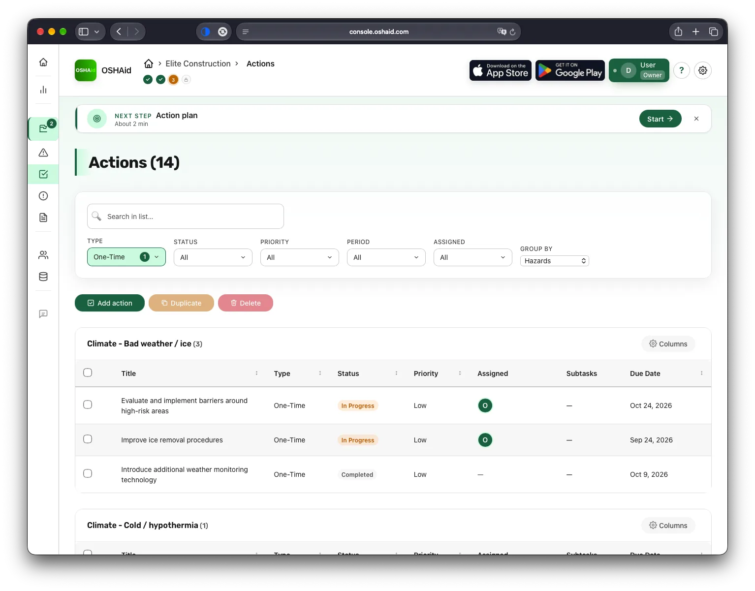 OSHAid console, the corrective actions table: each action with its owner, due date and status