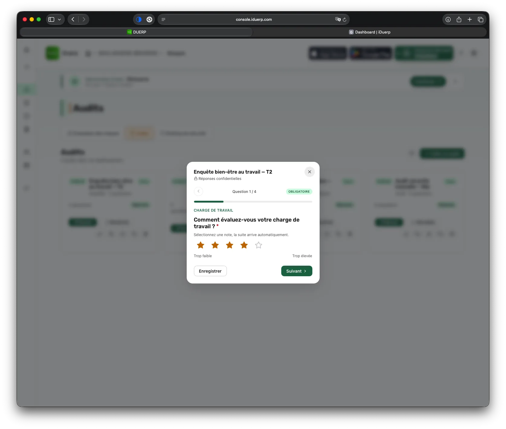 OSHAid console, the audits list: inspections planned and completed, each with its scope, date and status