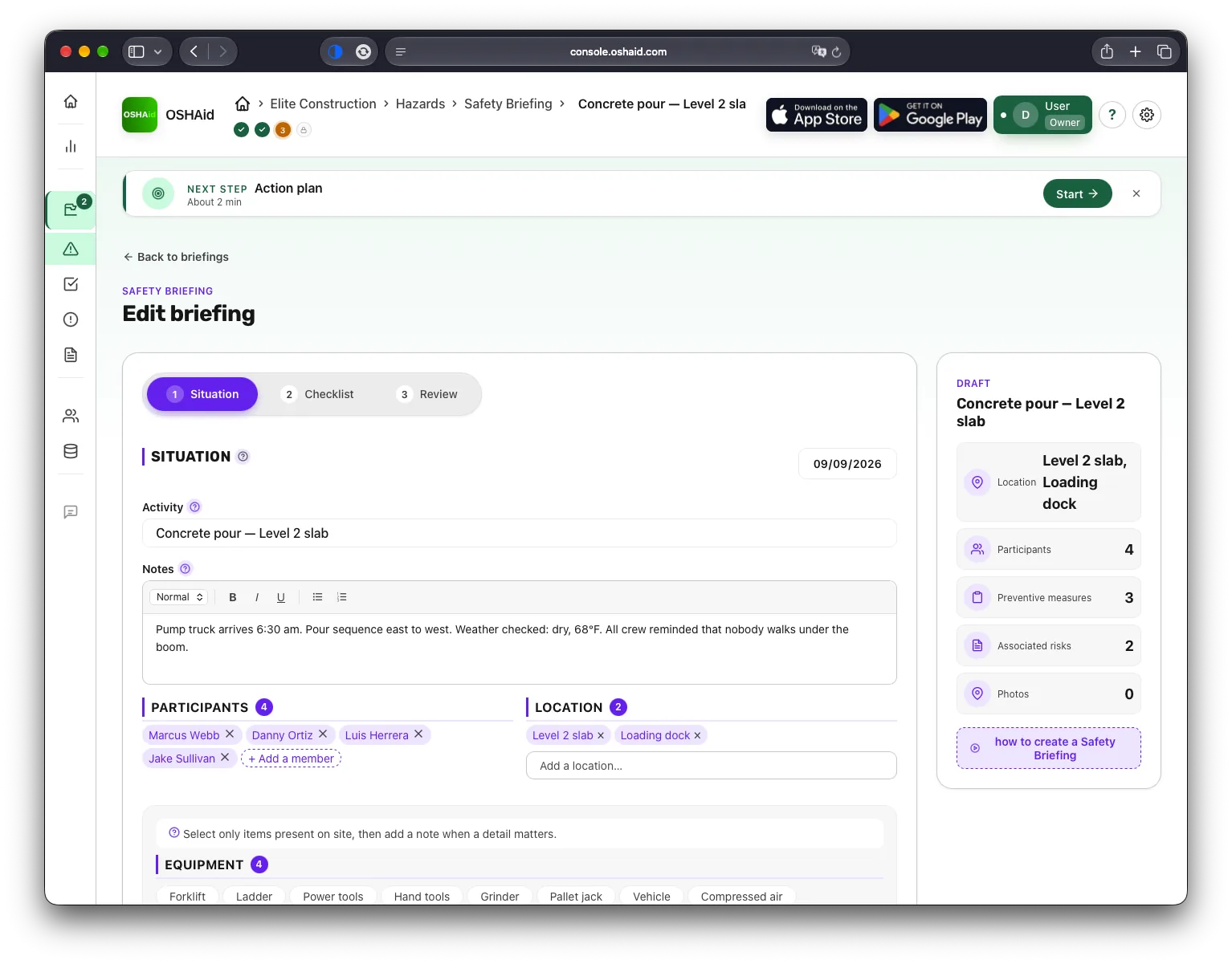 OSHAid console — the safety briefing editor, where a lightning protocol and its toolbox talk are prepared