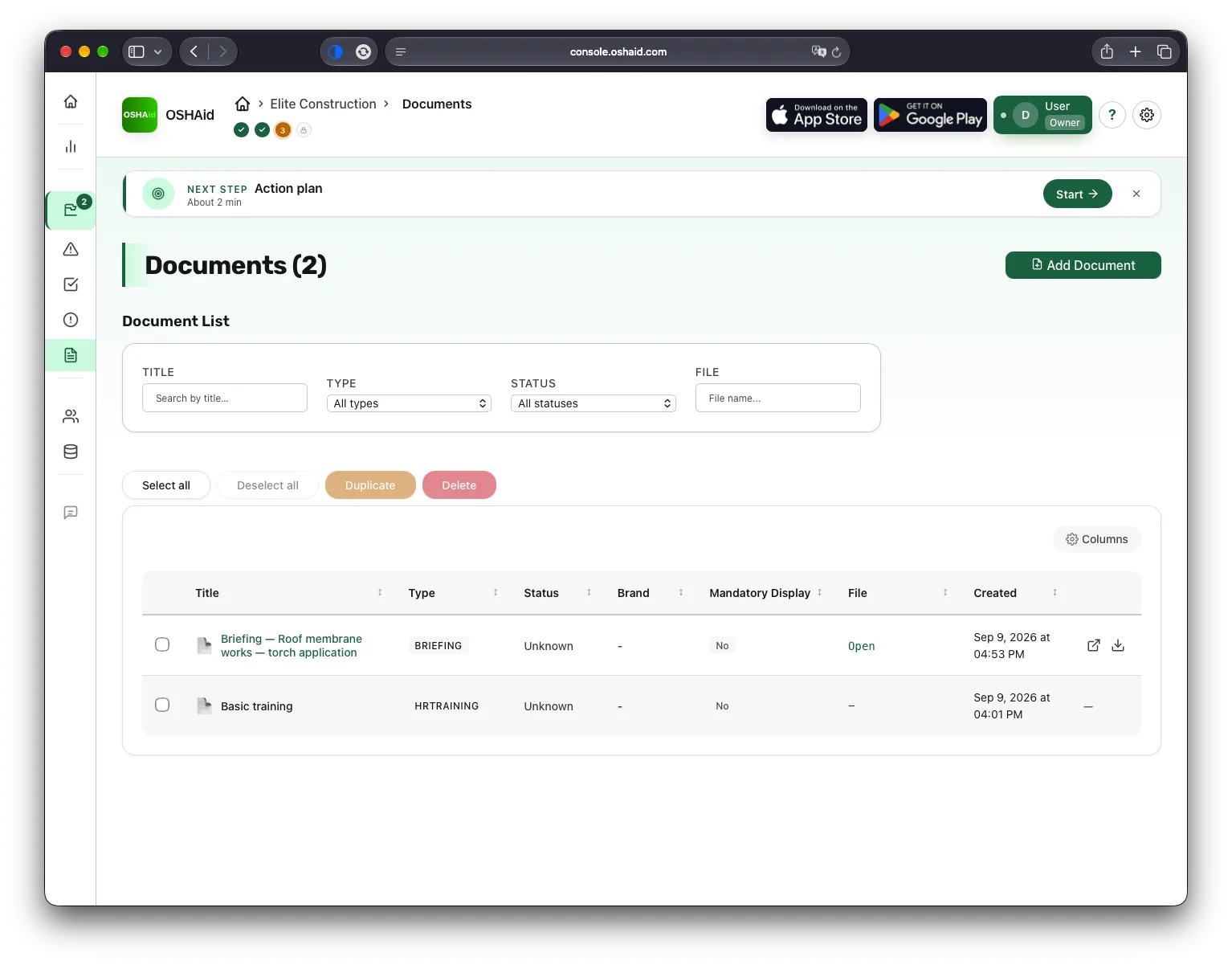 OSHAid console, the document library: compliance documents filed by category, with their dates and owners