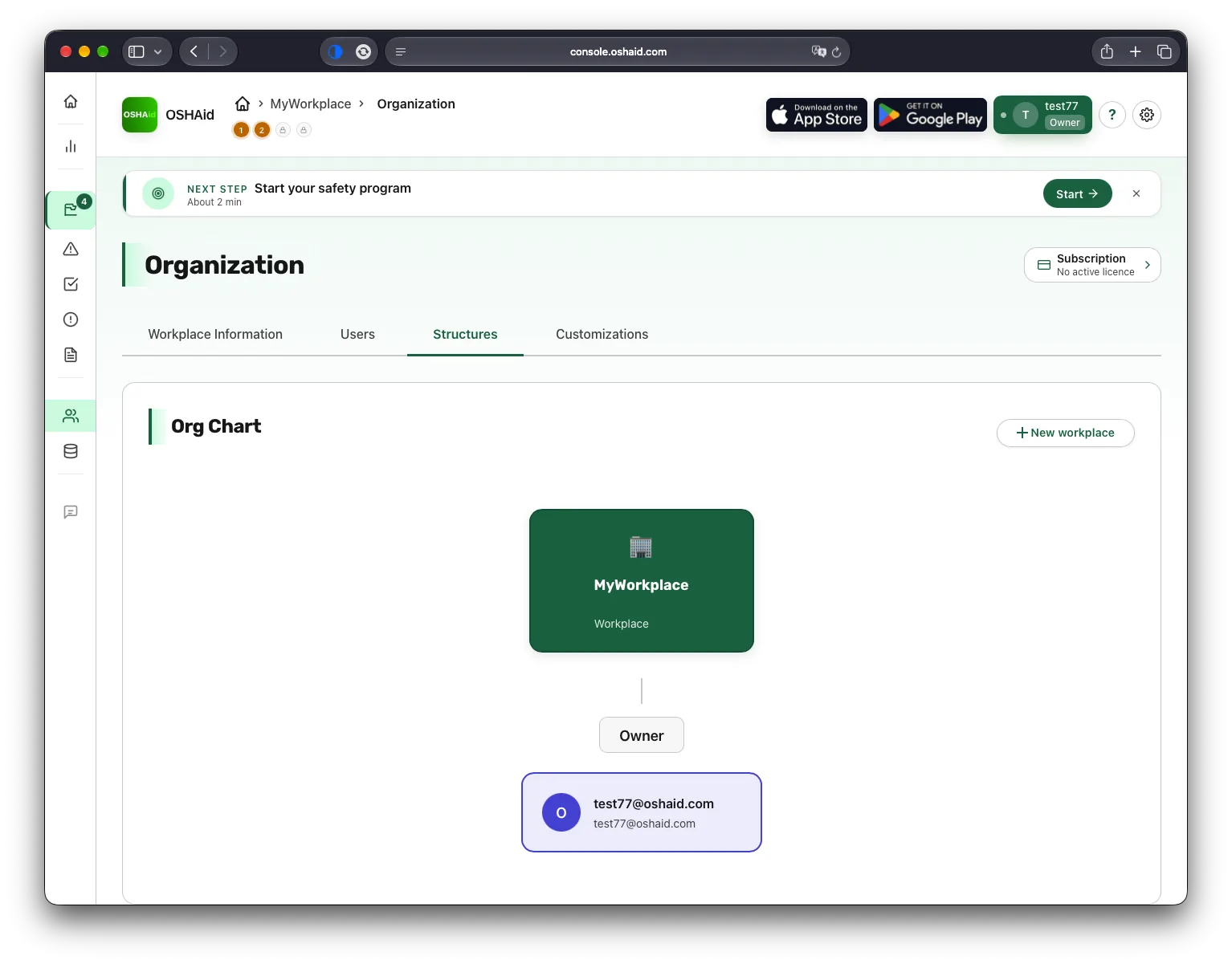 OSHAid console — workplaces and roles, where you see who does which job on which site before deciding who needs which training