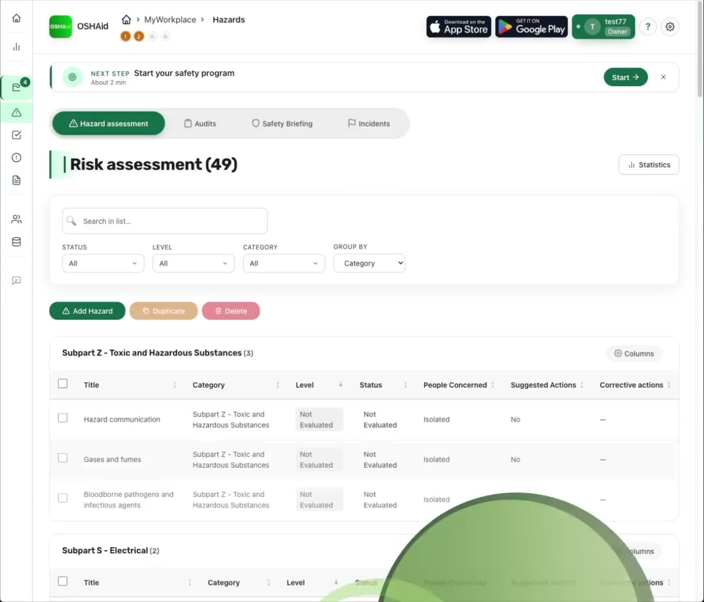 OSHAid console, the risk assessment table: each hazard with its location, its risk score and the corrective action attached to it