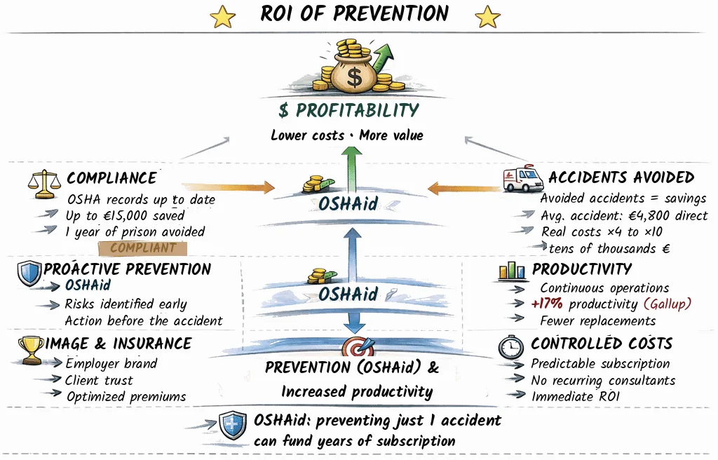OSHAid whiteboard: what prevention costs against what an accident costs, sketched side by side