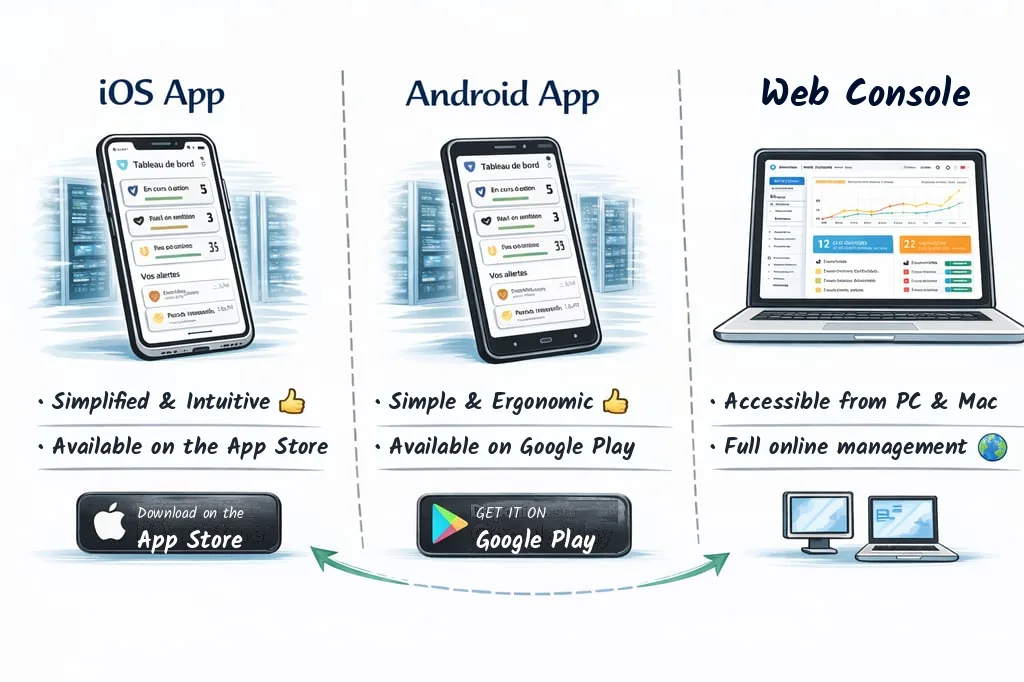 Whiteboard diagram: iOS app, Android app and web console — universal access
